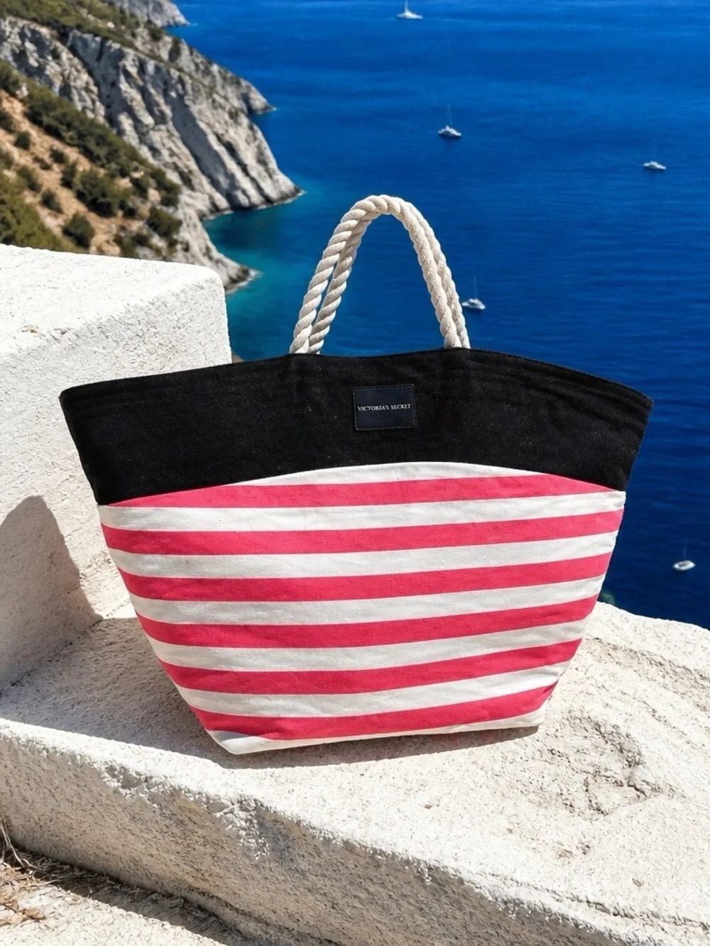 Victoria's Secret Pink, White & Black Striped Canvas Tote
